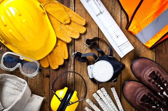 Construction equipment such as a hard hat, goggles, ear defenders, boots and a high vis arranged on a wood floor.