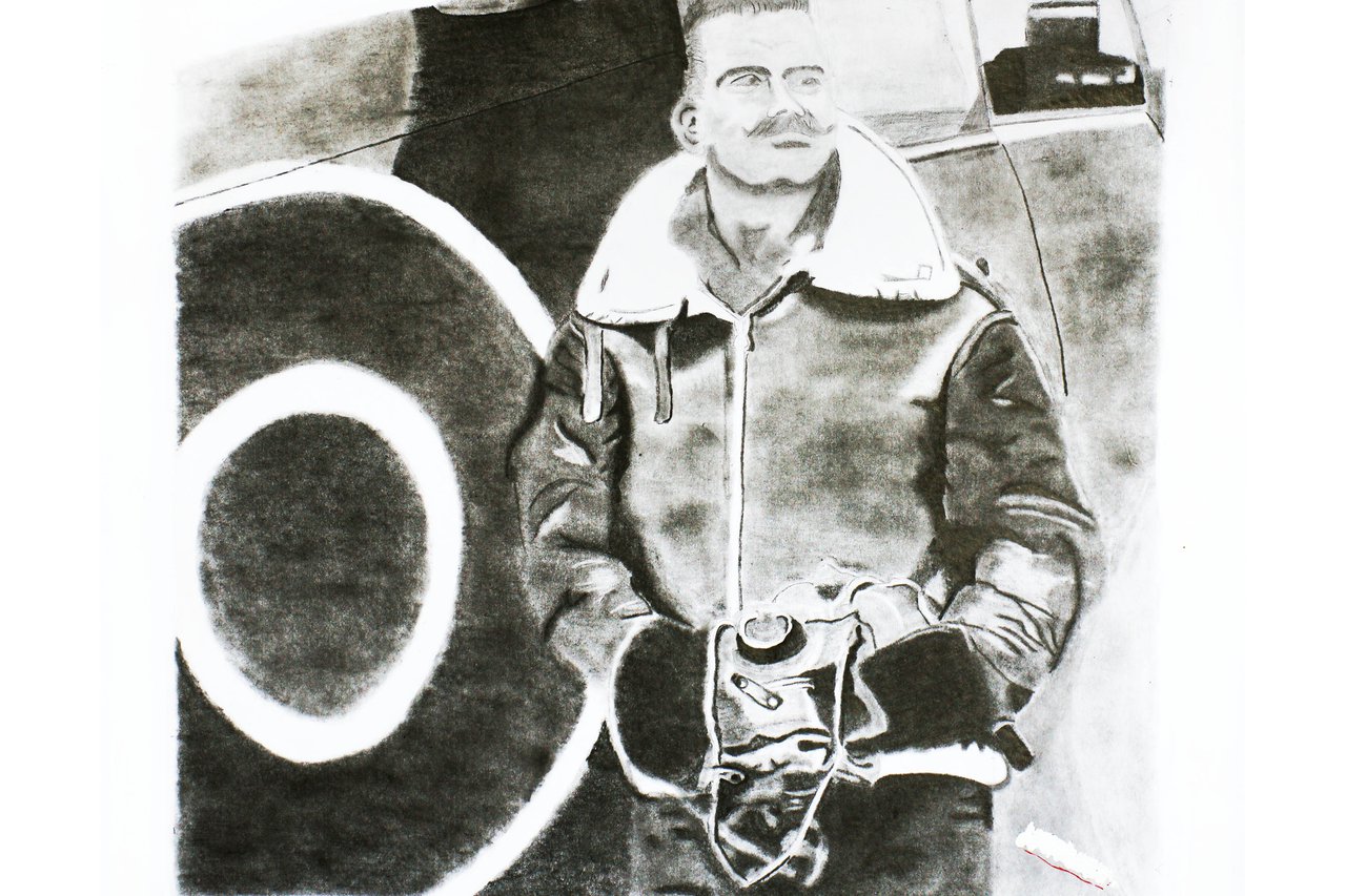 Black and white drawing of a man, in an aviator jacket leaning against a plane.