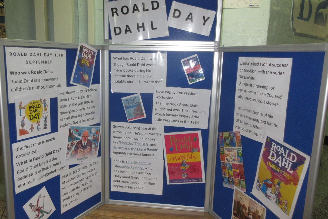 Stand displaying Roald Dahl content in prison