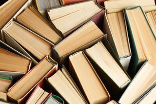 A large collection of books stood upright and crammed together