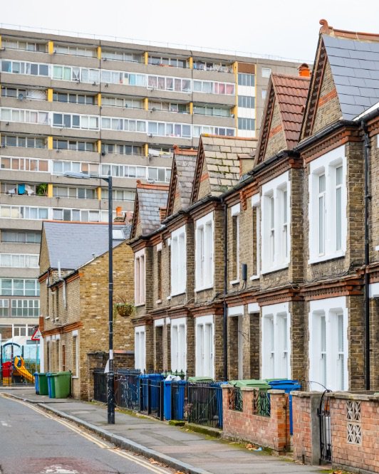 A row of houses on a street