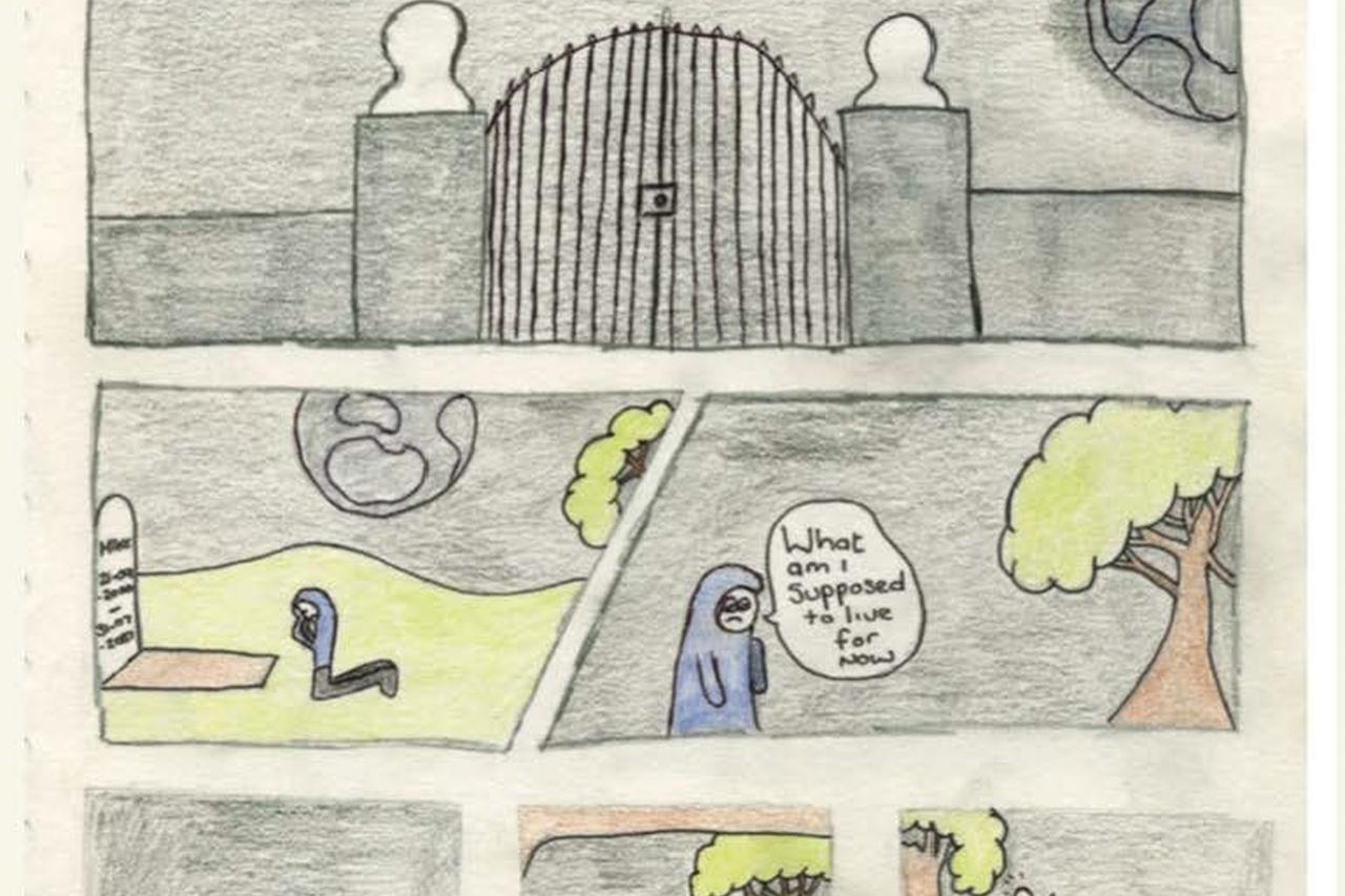 Comic strip showing prison gates