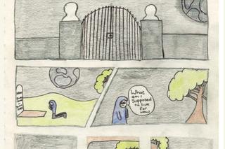 Comic strip showing prison gates