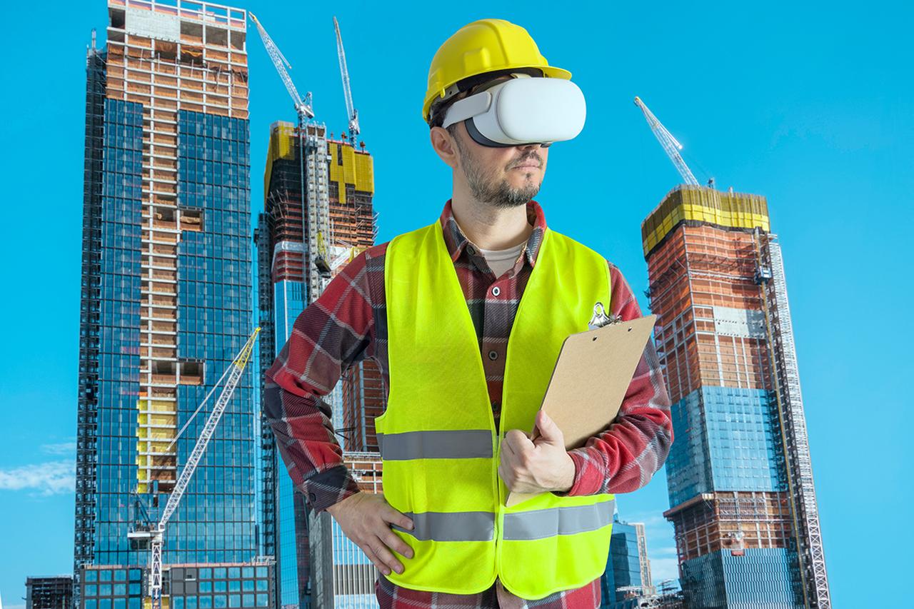 Man wearing a VR headset on a contruction site