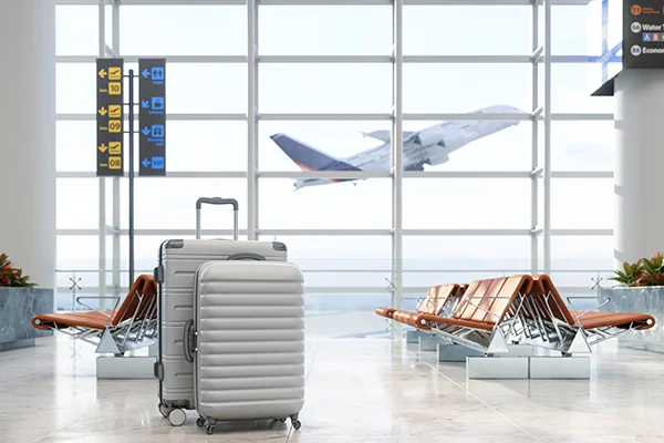 Airport scene with suitcases in the foreground and a plane taking off in the background, symbolising the freedom and convenience of flexible holiday options.
