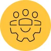 Line icon of three people above a cog at the centre of a yellow circle, representing innovative values at Novus.