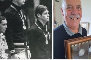 Two images of the Olympian side by side. One of them is of him receiving his medal at the Olympics and one is of him now holding his medals and smiling at the camera