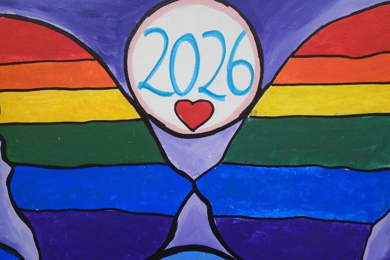 Painting of rainbow butterfly wings with the year 2026 and a heart in the centre on a purple background.