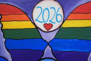 Painting of rainbow butterfly wings with the year 2026 and a heart in the centre on a purple background.