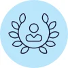 Line icon of a person at the centre of a light blue circle, surrounded by leaf shapes, representing ethical values at Novus.
