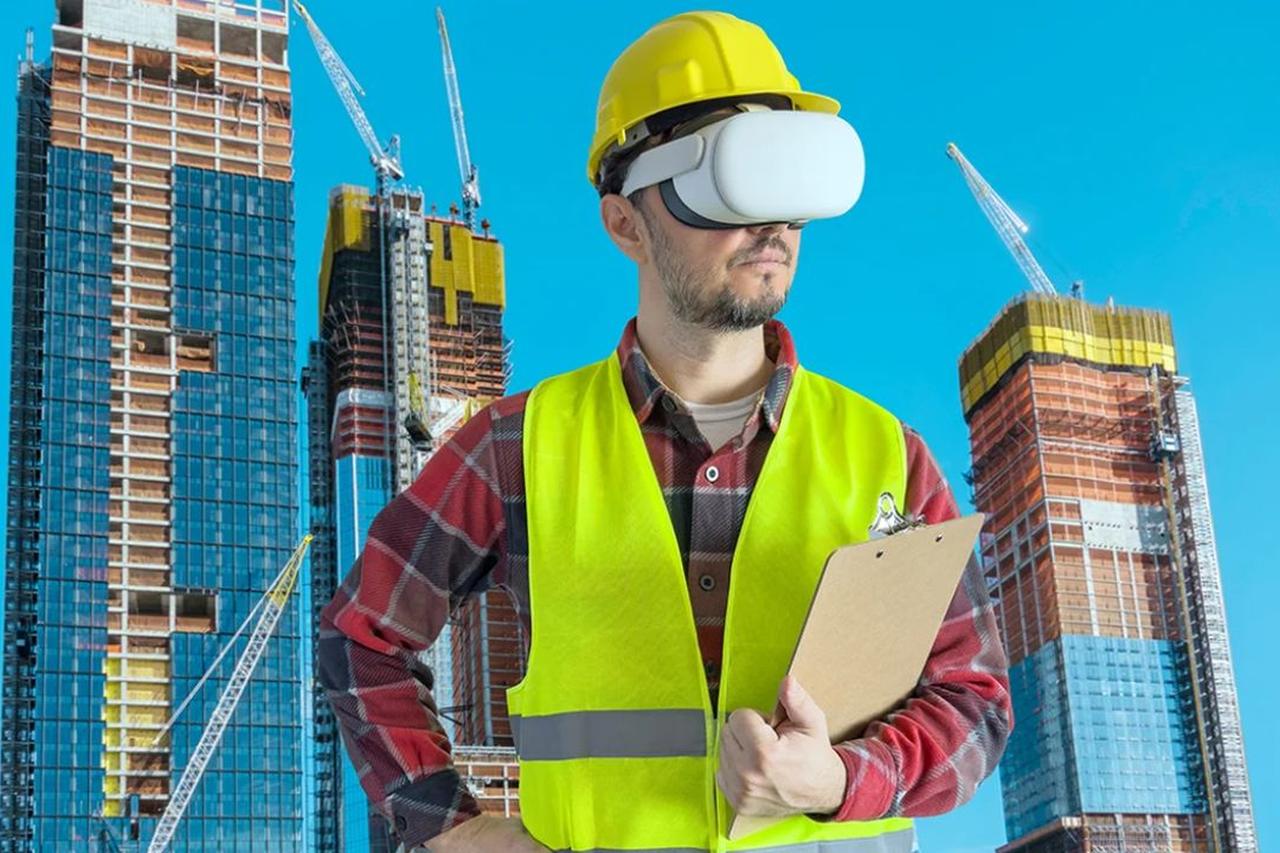 Man wearing a VR headset on a construction site