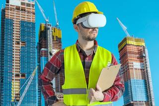 Man wearing a VR headset on a construction site
