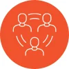Line icon of three people connected by circular lines at the centre of an orange circle, representing ‘one group’ values at Novus.